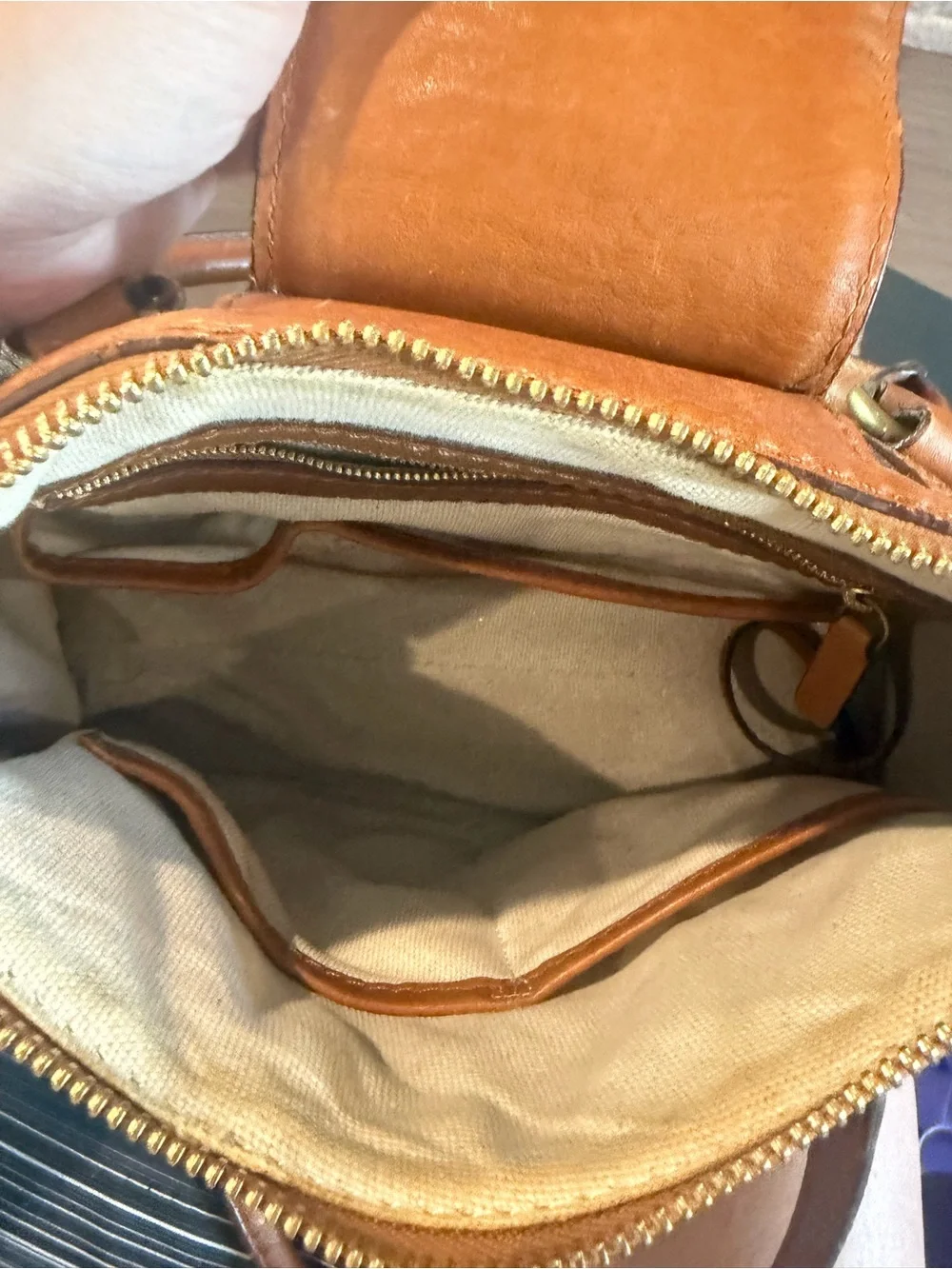 Michael Kors Orange and Cream Stripe Canvas Satchel with Brown Leather Trim